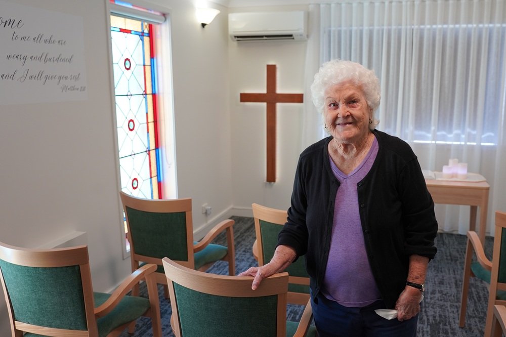 Carinity Wishart Gardens resident Jacqueline Bigby checks out the revamped chapel in the Brisbane aged care home